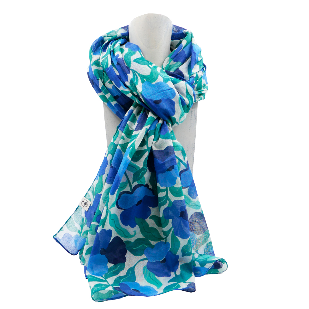 foulard femme fleurs vert bleu création française