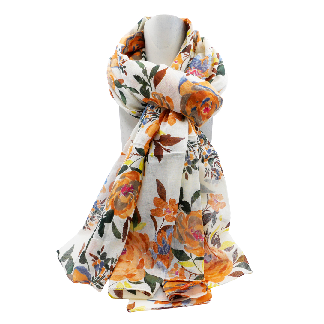 étole orange et écru imprimée bouquets rétro