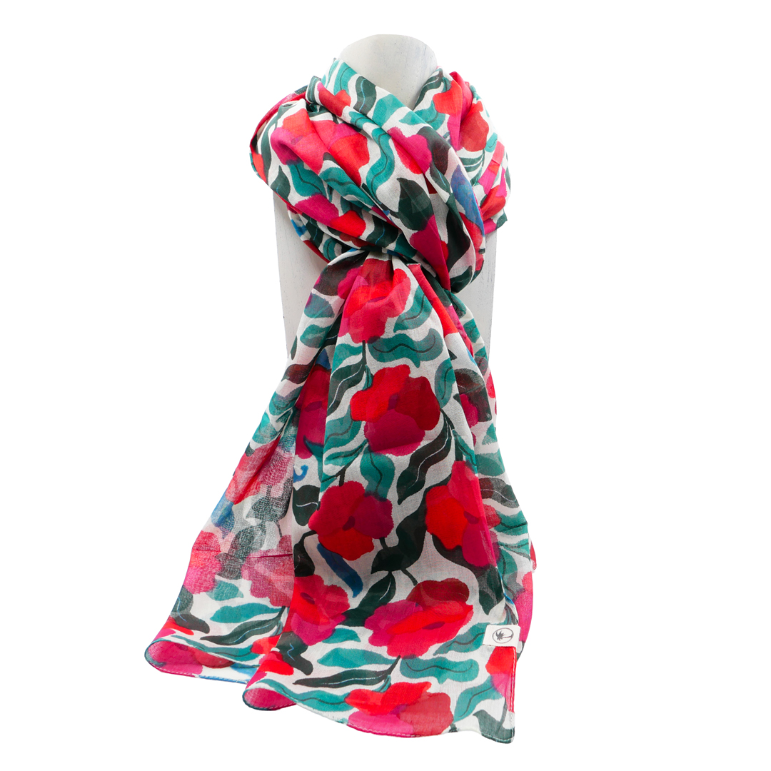 foulard femme fleurs vert rouge création française