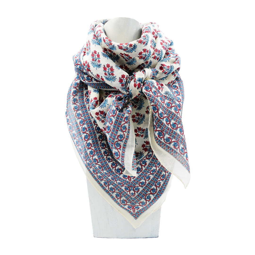 carré coton bohème chic fleurs rouges fond écru