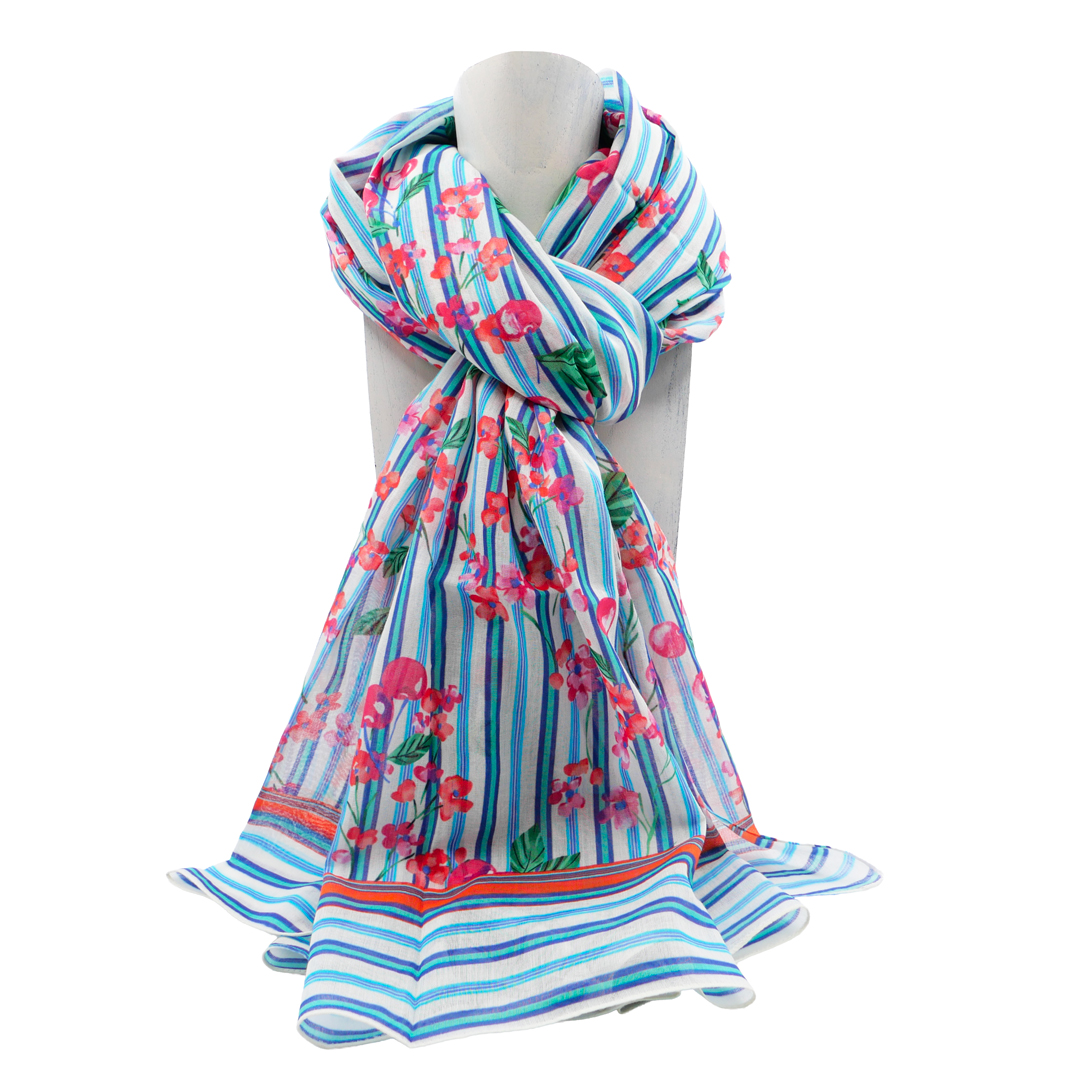 étole rayée bleu foncé imprimée coquelicots