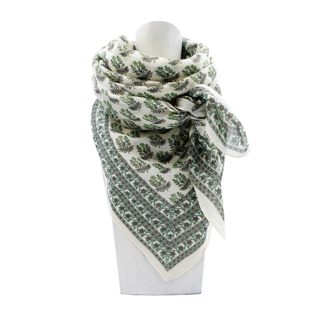 carré coton bohème chic fleurs vert fond écru