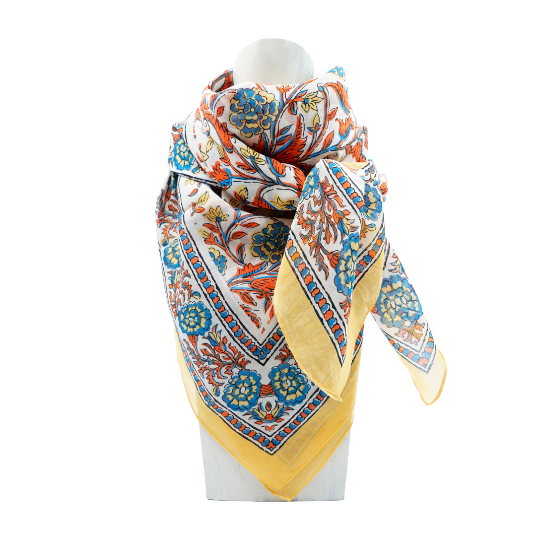 carré de coton fleurs indiennes jaune