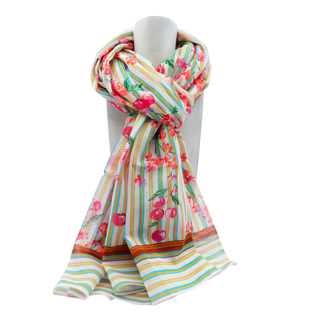 étole rayée vert clair imprimée coquelicots