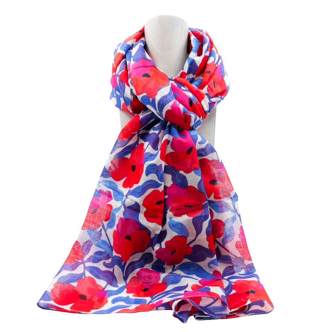 foulard femme fleurs rouge bleu création française