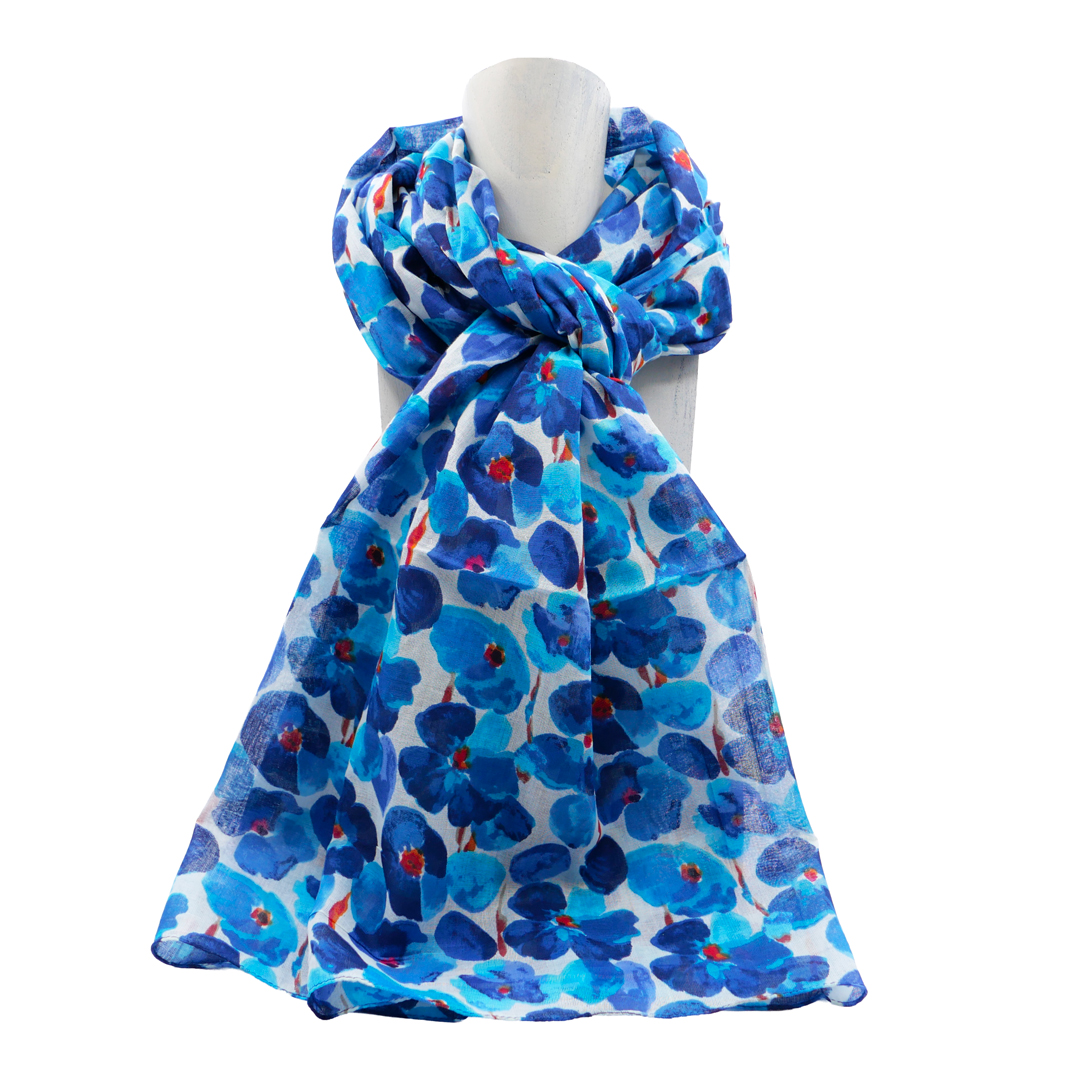 étole bleu foncé imprimée coquelicots aquarelle