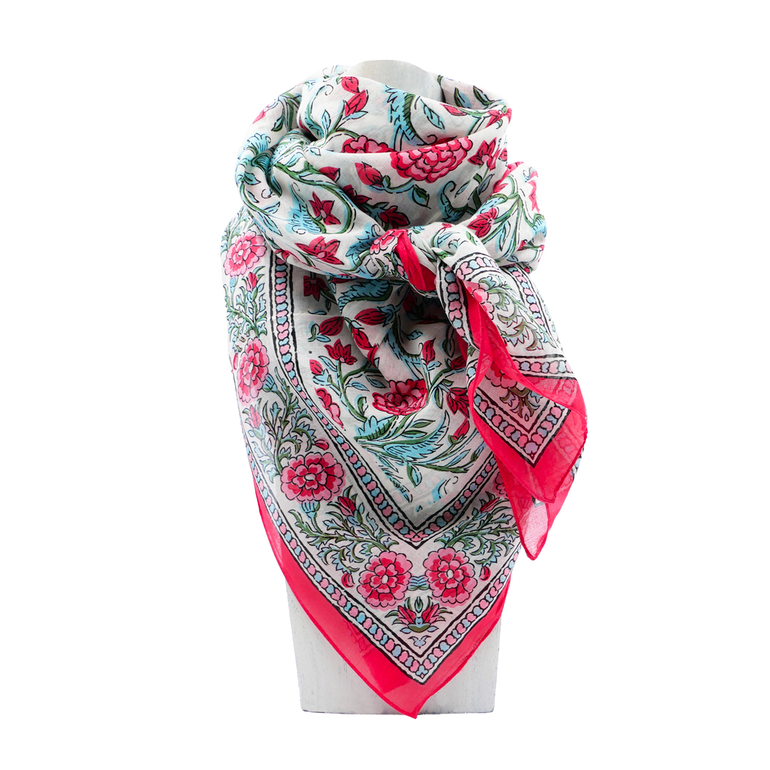 carré de coton fleurs indiennes rose foncé